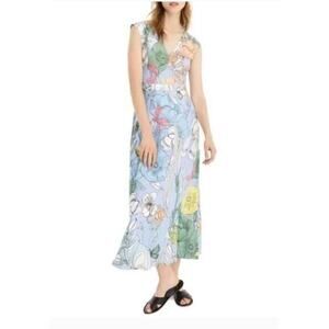 J.Crew Pastel Maxi Light Sky Floral Silky V-neck‎ Dress Cap Sleeve 10